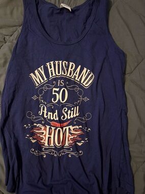 Navy Tank Top with 'My Husband is 50 and Still Hot' Graphic